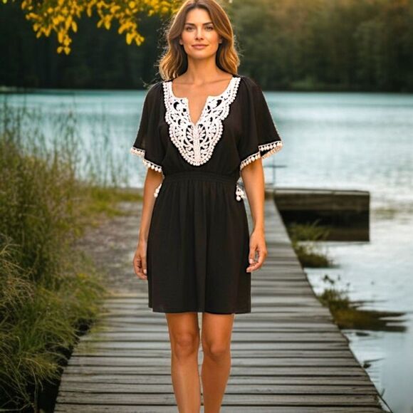 Y2K Bohemian Dress M Jersey Knit Flowy Woodland Fairy Crochet Dolman Sleeves - Picture 13 of 16